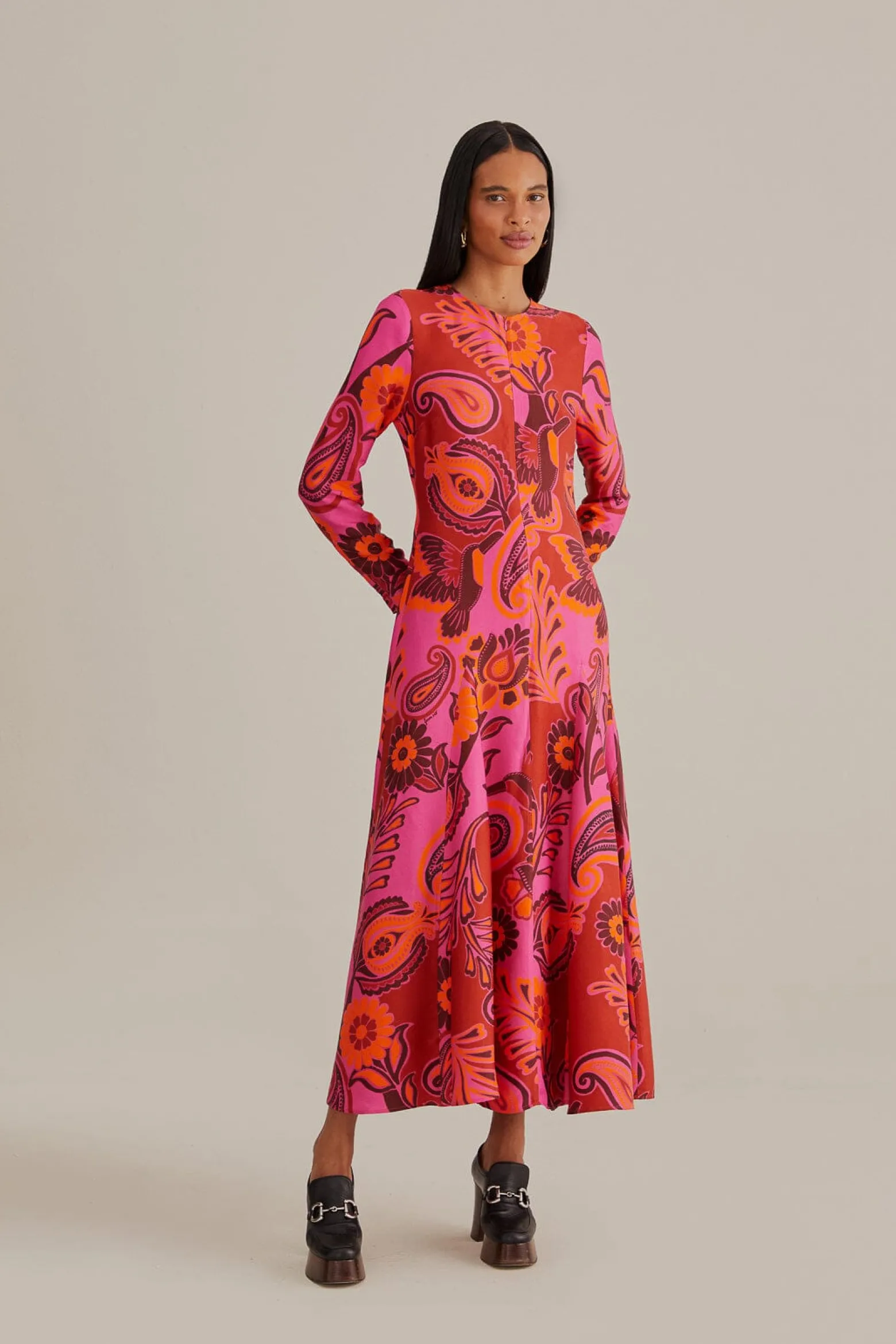 PINK BOLD FLORAL LONG SLEEVE MAXI DRESS