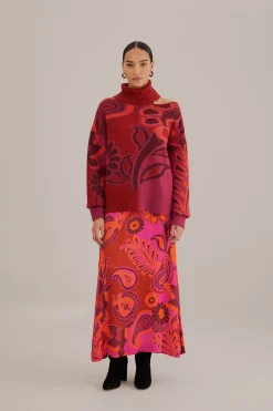  PINK BOLD FLORAL SATIN MAXI SKIRT
