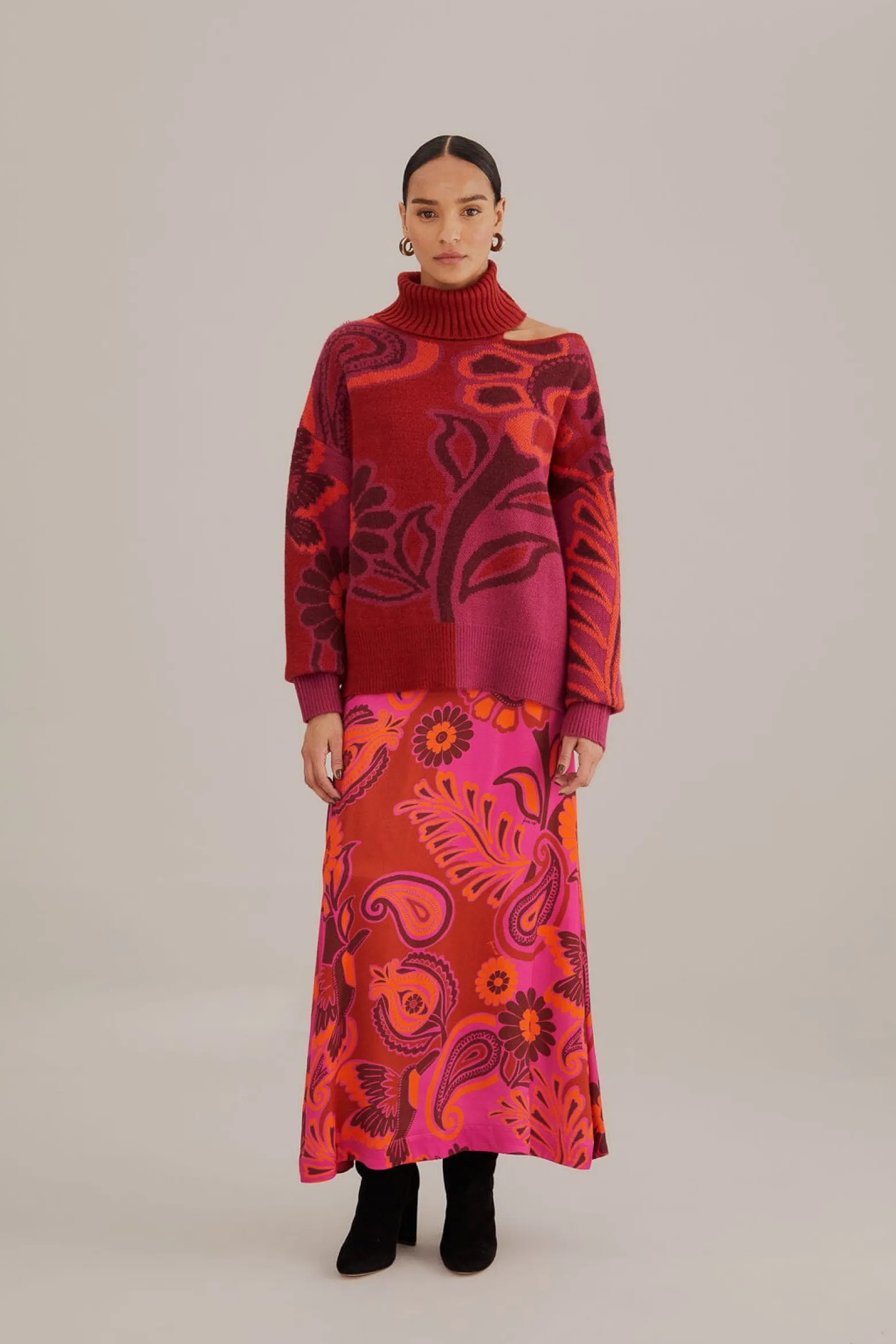 PINK BOLD FLORAL SATIN MAXI SKIRT