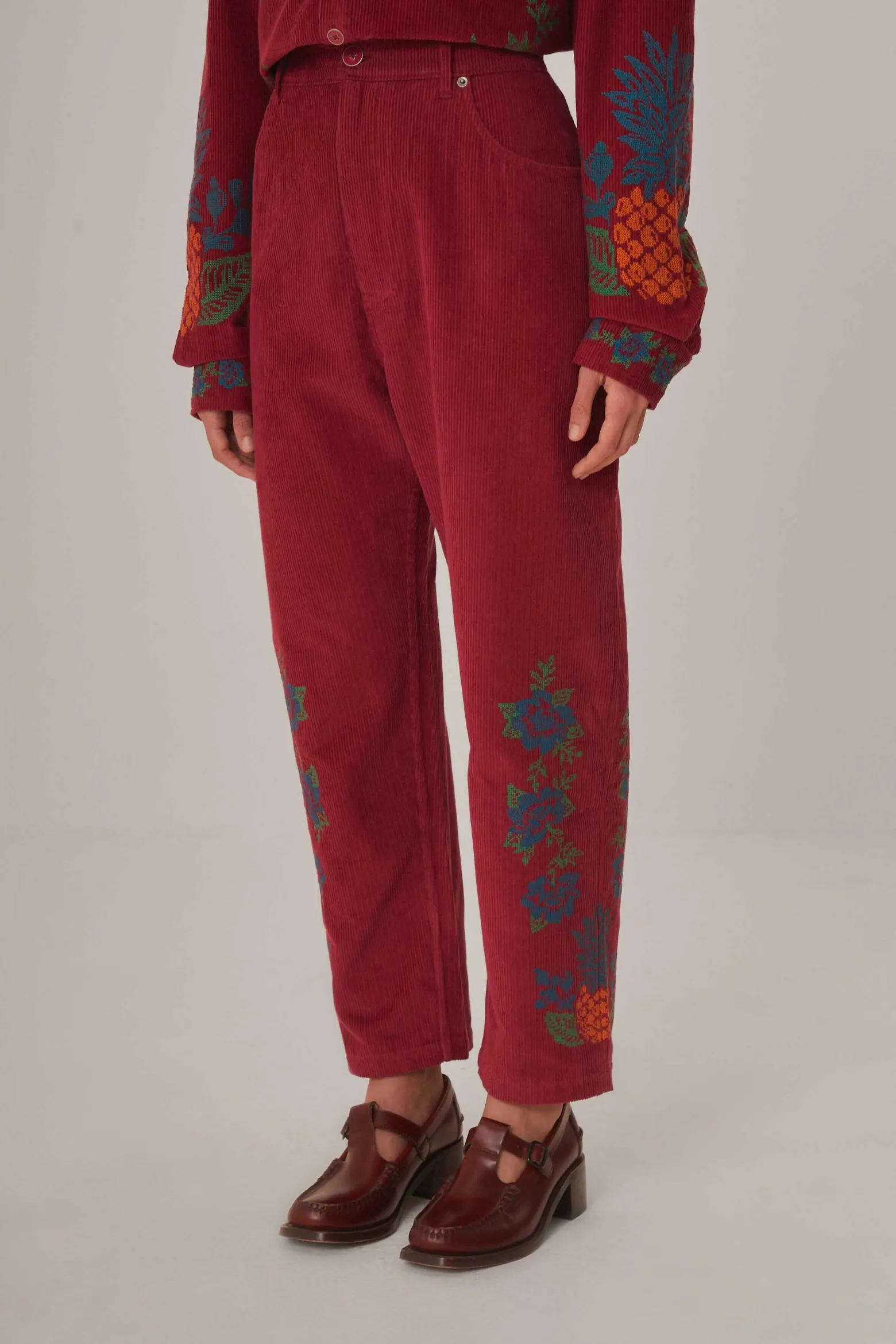 PINK CORDUROY EMBROIDERED PANTS