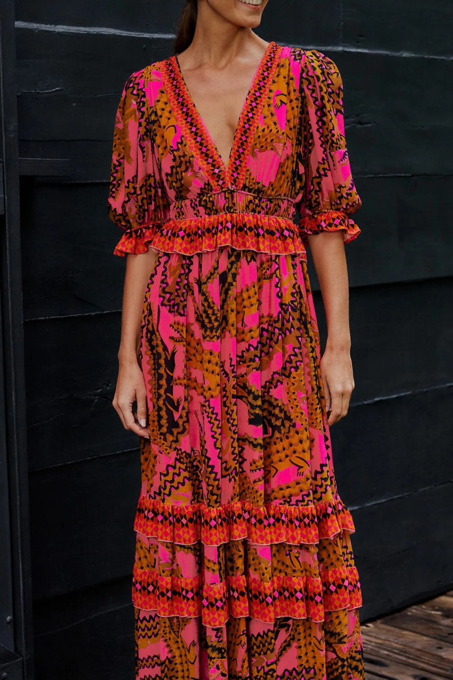 PINK CROCO SHORT SLEEVE MAXI DRESS