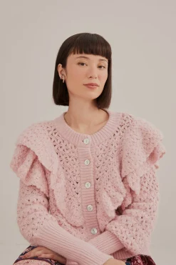 PINK FLOWER TEXTURE KNIT CARDIGAN