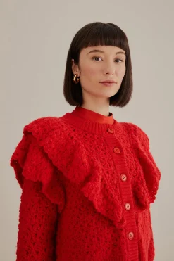 RED FLOWER TEXTURE KNIT CARDIGAN