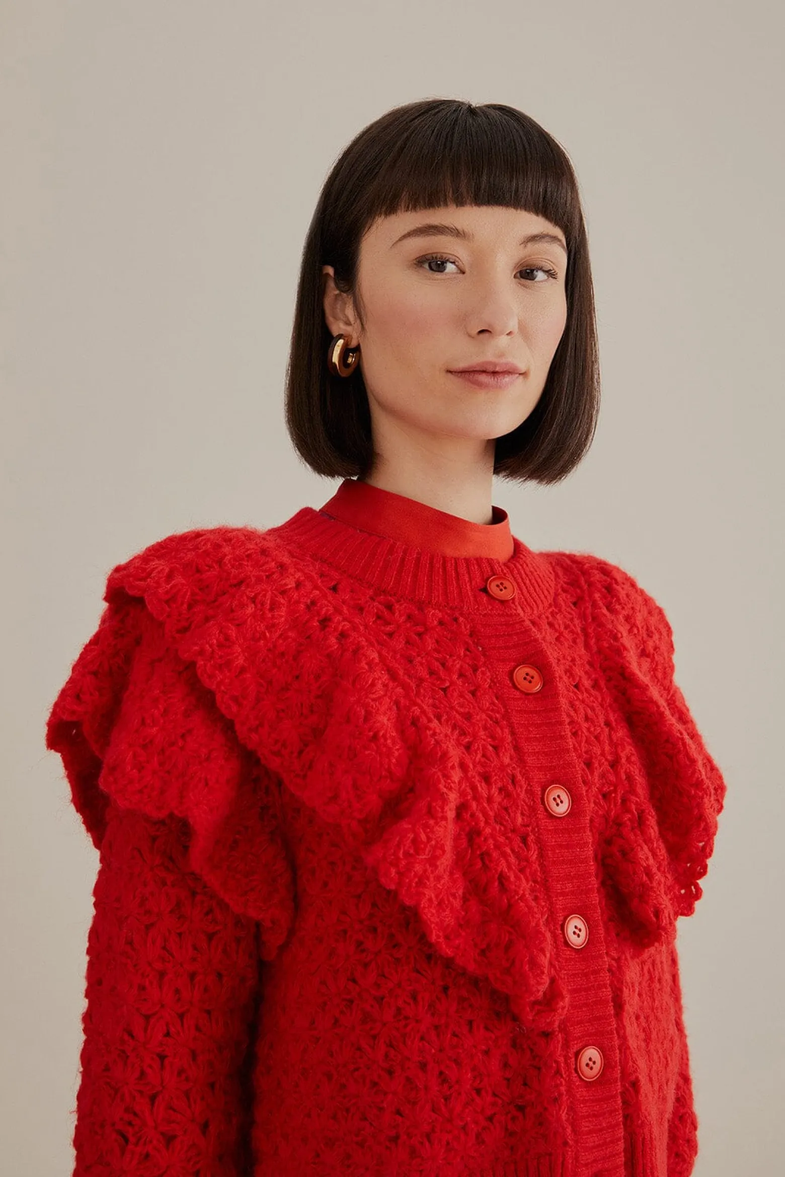 RED FLOWER TEXTURE KNIT CARDIGAN
