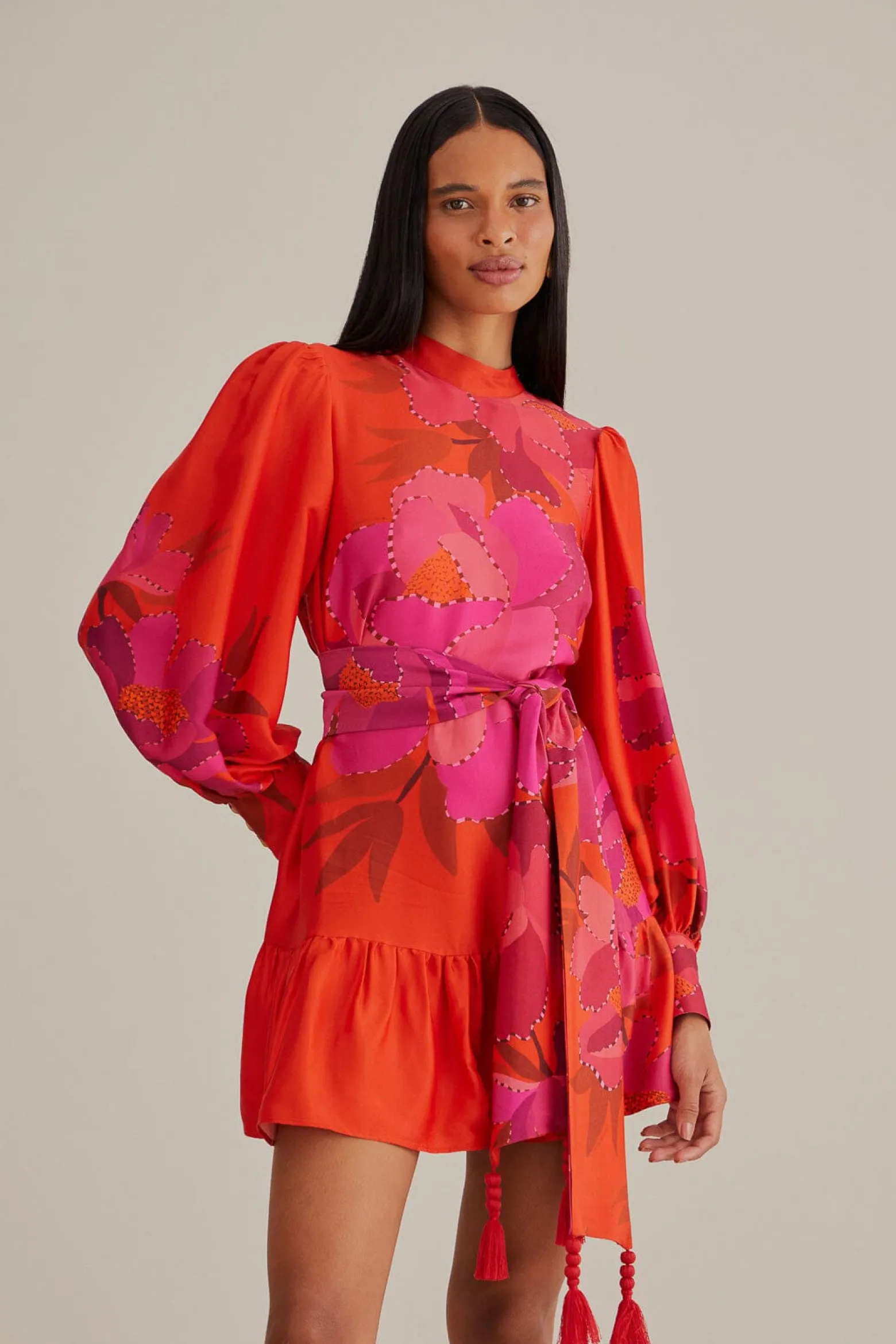 RED PEONY LONG SLEEVE MINI DRESS