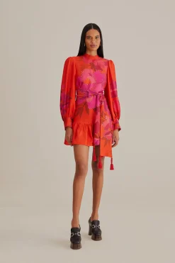  RED PEONY LONG SLEEVE MINI DRESS
