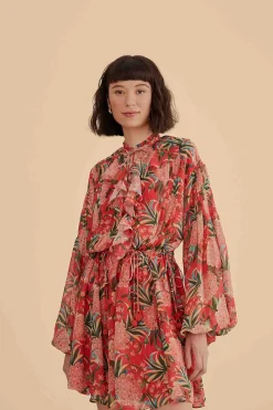  RED PINEAPPLE BLOOM V NECK MINI DRESS