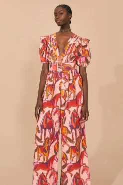 ROSE WILD HORSES PLEATED SHORT SLEEVE JUMPSUIT