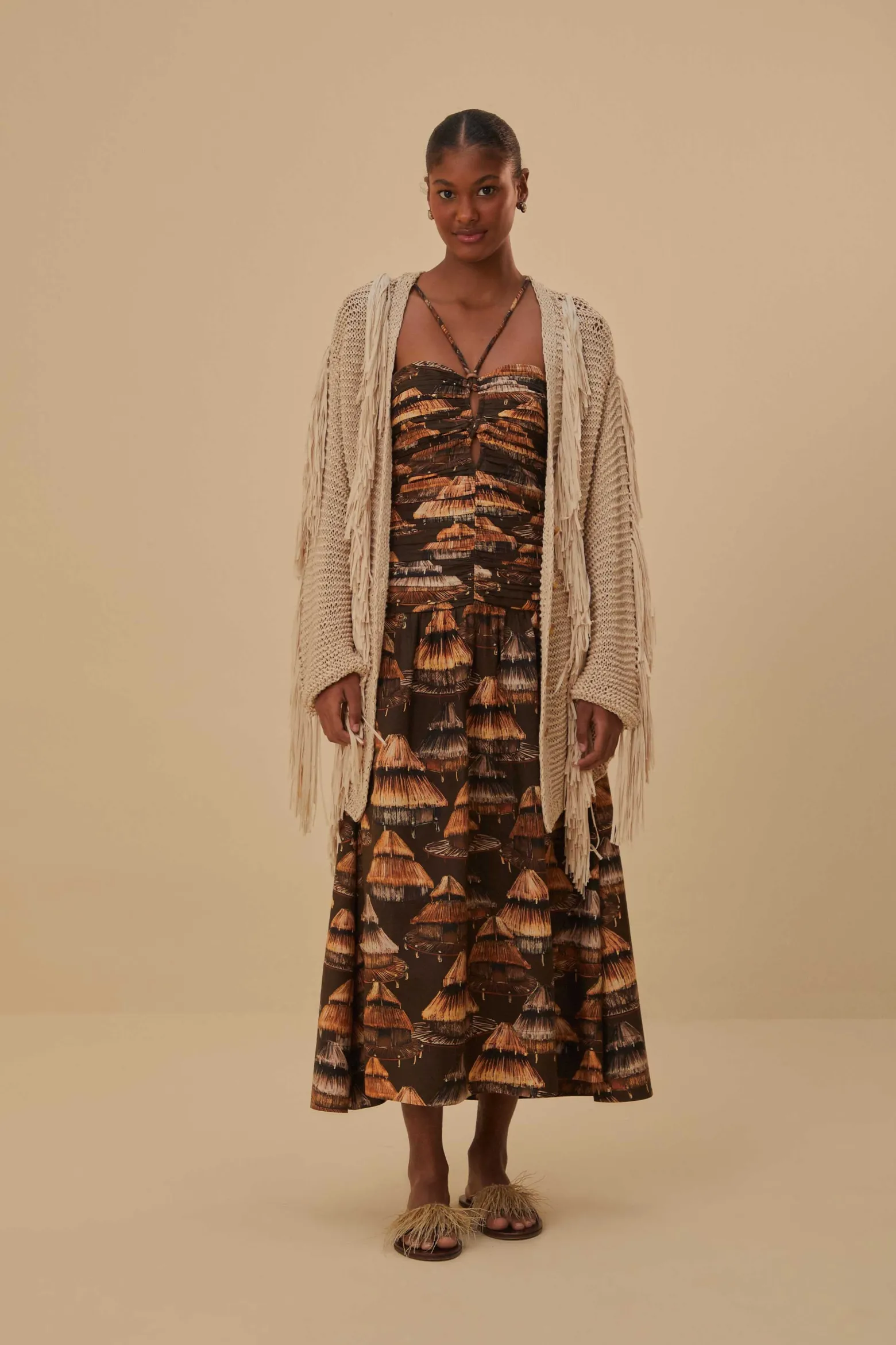 SAND STRIPES FRINGES KNIT CARDIGAN