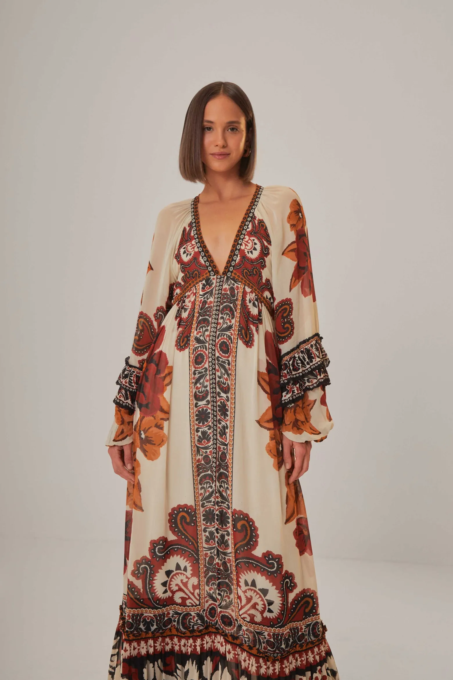 SAND WINTER TAPESTRY V NECK MAXI DRESS