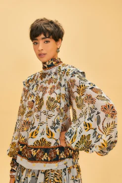SILVER FLORAL TAPESTRY LONG SLEEVE BLOUSE