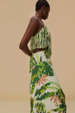  TROPICAL FOREST OFF-WHITE FRINGED MIDI DRESS