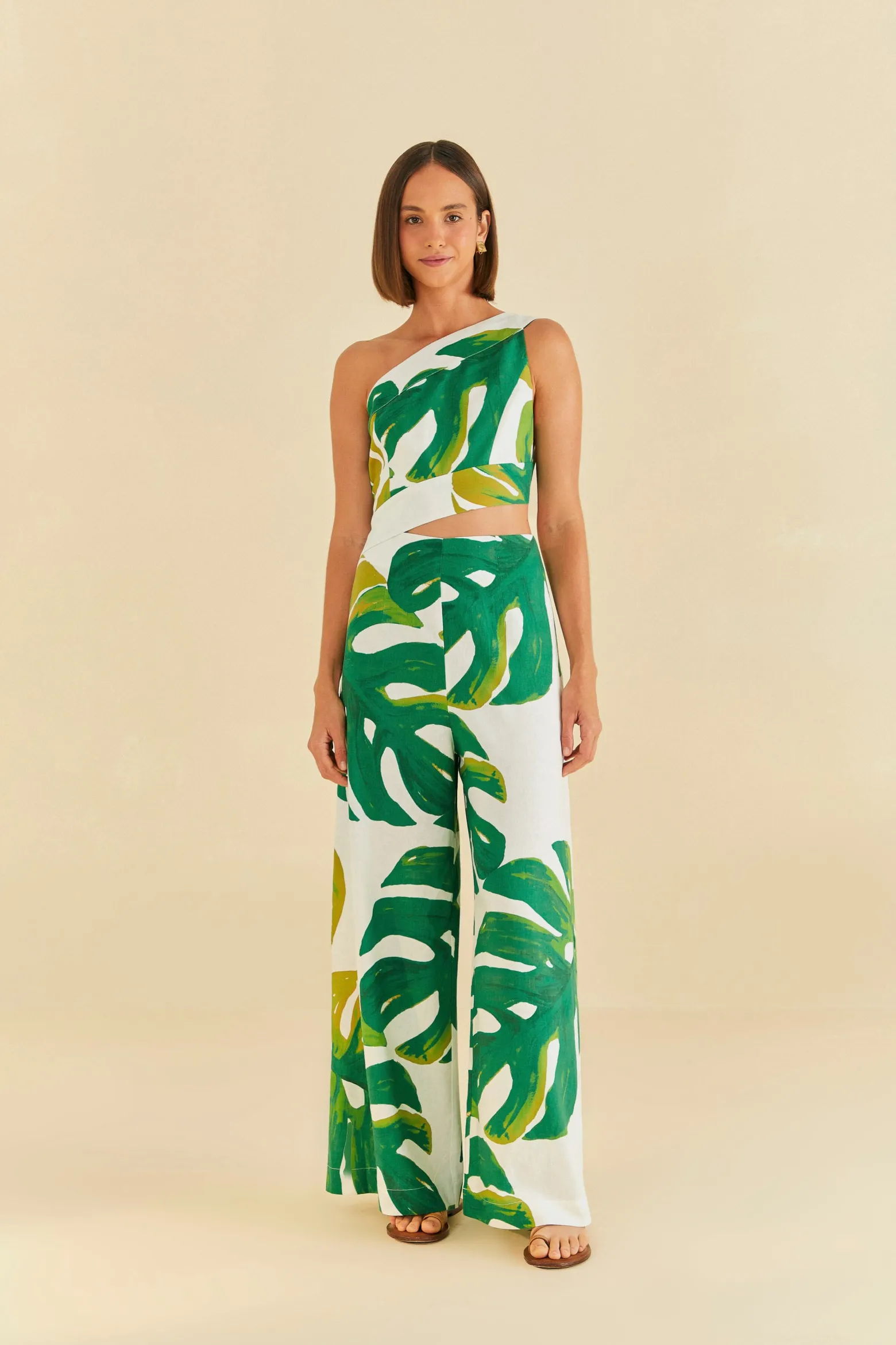 WHITE MONSTERA ONE SHOULDER JUMPSUIT